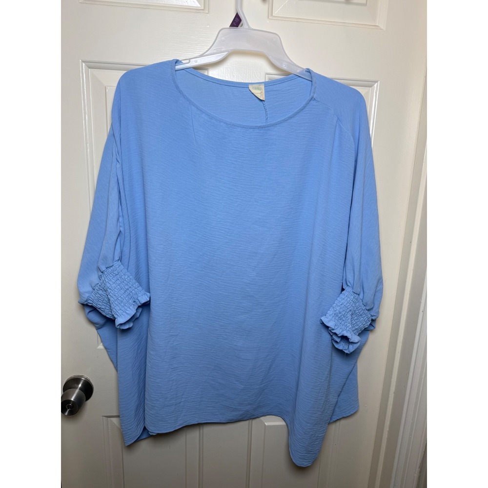 Jennaration Light Blue Textured Dolman Sleeve Smocked Cuff Blouse Plus Size 2X
